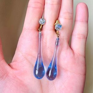 Vintage Gold-tone blue drop glass dangle earrings